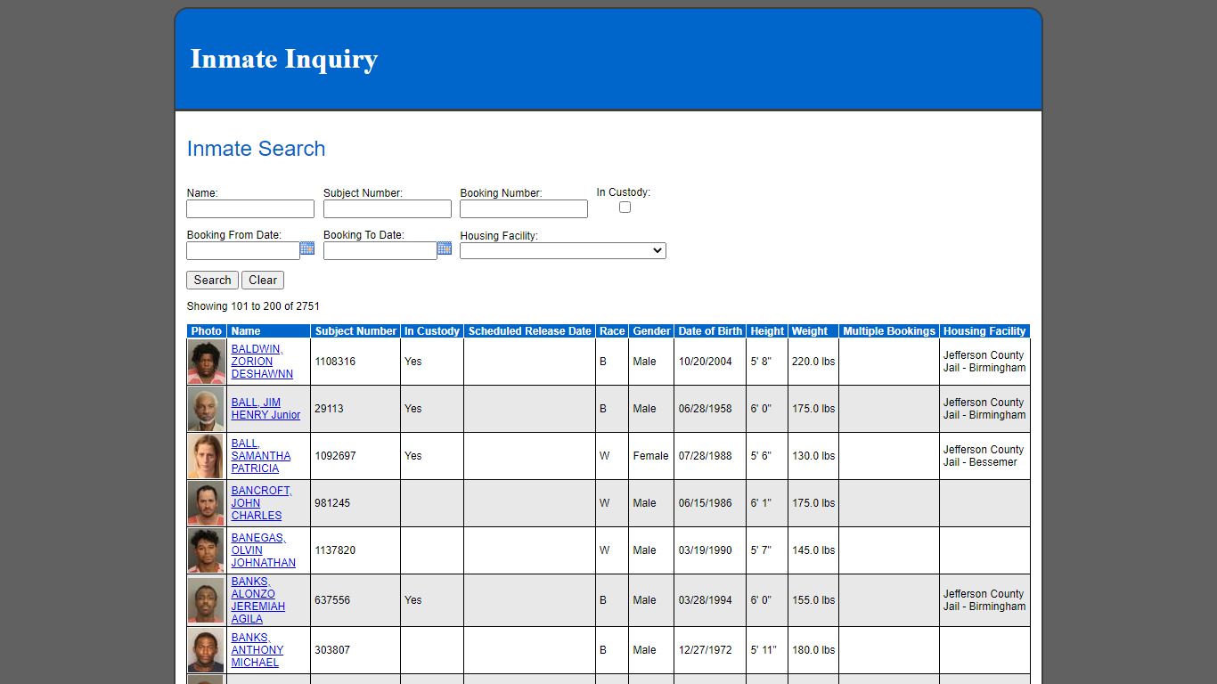 Inmate Search - Jefferson County, Alabama